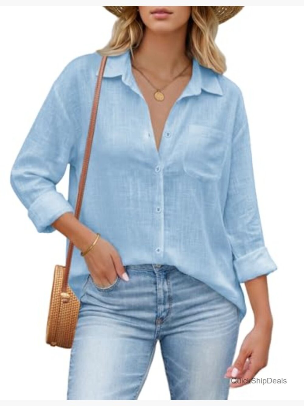 Button Down Shirt Cotton Linen Long Sleeve Gauze Loose Fit Pocket - Picture 2 of 7